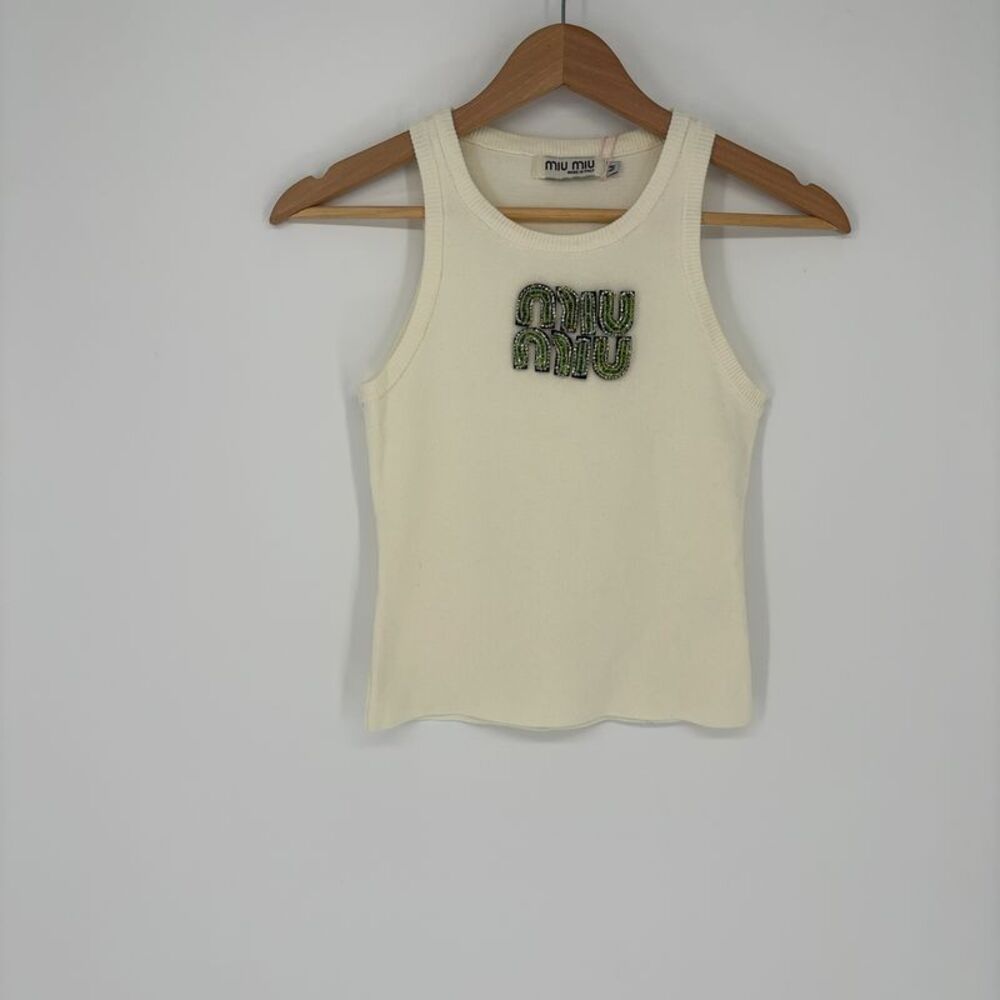 Miu Miu Cream Knit Tank with Green Beaded Logo